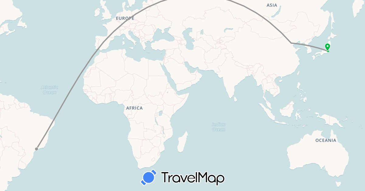 TravelMap itinerary: driving, bus, plane in Brazil, China, Spain, Japan (Asia, Europe, South America)